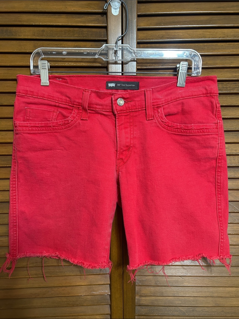 Levi's 524 Too Superlow Frayed Hem Red Denim Low Rise Shorts Size 30